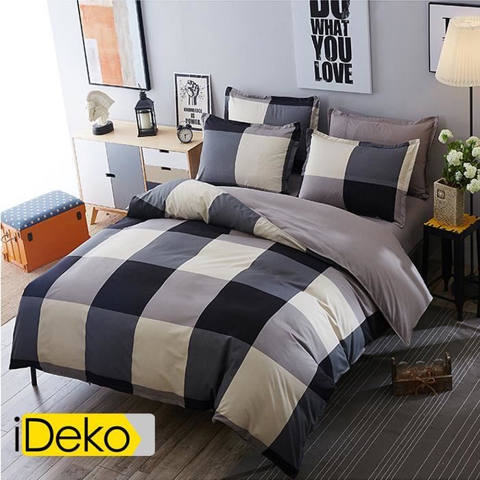 iDeko® Housse de couette parure de lit 155x205 - 100% polyester - 2 personnes – carreau rayure gris et bleu foncé