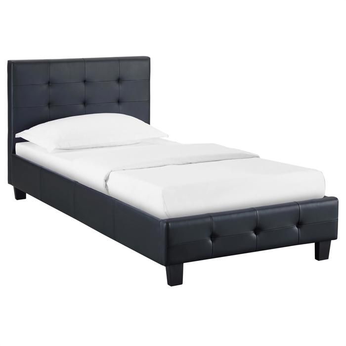 Lit simple pour adulte ou enfant REVE avec sommier 90x190 cm 1 place/1 personne, tête et pied de lit capitonnés, en synthétique noir