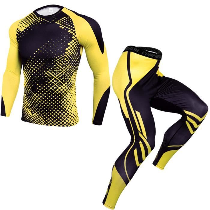 Homme Costume de T-Shirt de Compression Manches Longues Fitness Running Sports Séchage Rapide Baselayer Haut TK175