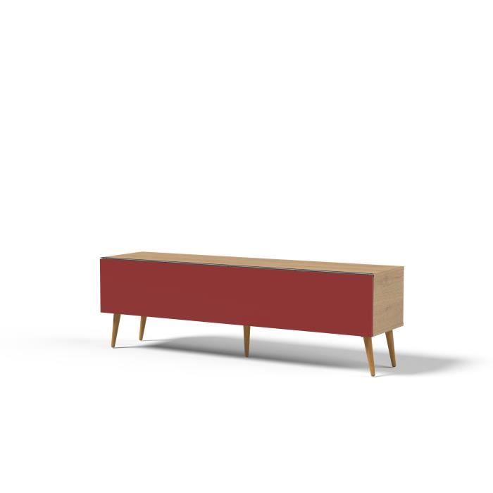 MEUBLE TV BOIS CLAIR LARGEUR 160 CM AVEC PORTE EN VERRE ROUGE - BACHATA 160