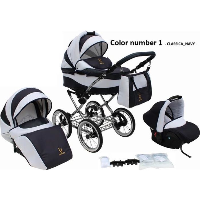 Poussette/Landau avec siège-auto 3en1 et avec accessoires & cadre en chrome et roues 14- gonflables bébé enfant Classica - Bleu