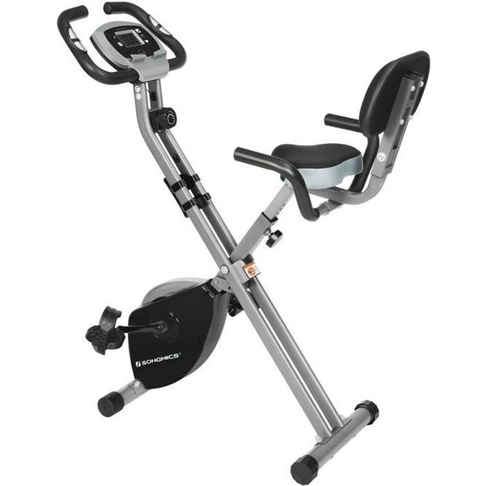 SONGMICS Vélo d'appartement, fitness et exercice pliable, avec dossier, 8 résistances, capteur, charge 100 kg, Noir et Gris