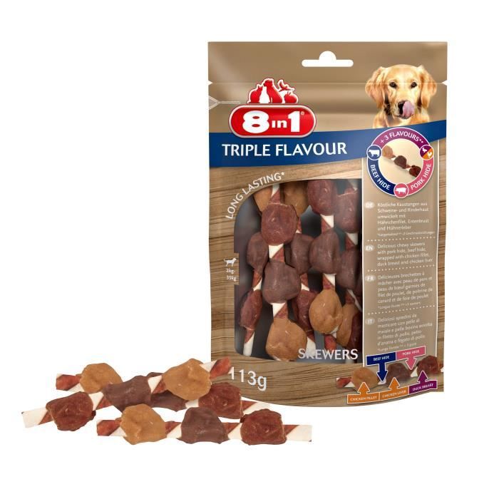 8in1 Triple Flavour Brochettes à mâcher Premium aux Bœuf, Porc, Poulet - Pour chien de petite taille - 6 pièces