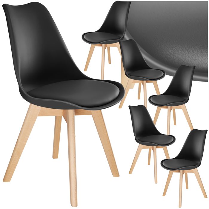 TECTAKE 6 Chaises de Salle à Manger Style Scandinave Pieds en Bois Massif Design Moderne Noir