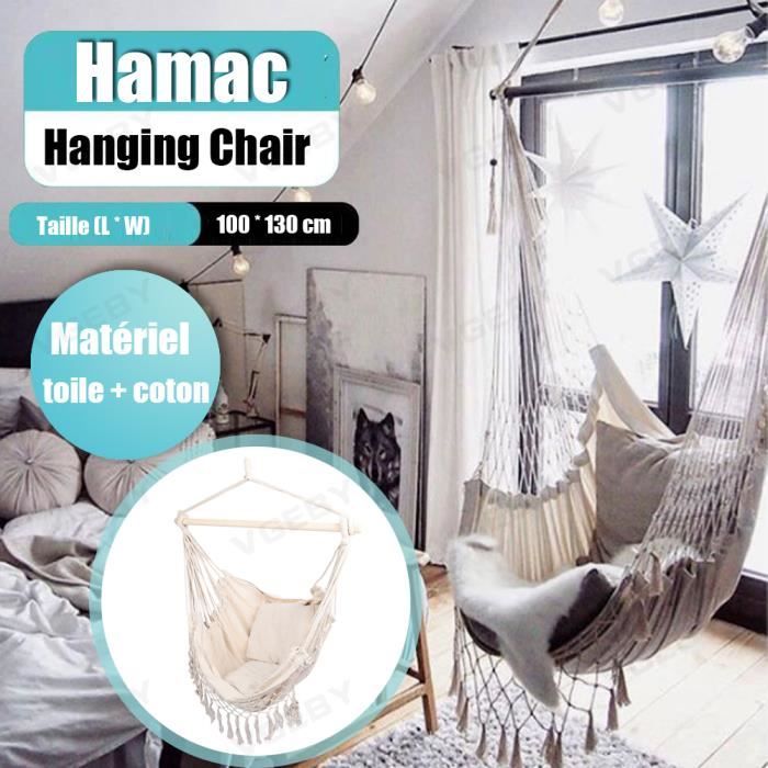 VGEBY Fauteuil Hamac suspendu design 1 Place Extérieur intérieur avec oreiller confortable en Coton Blanc