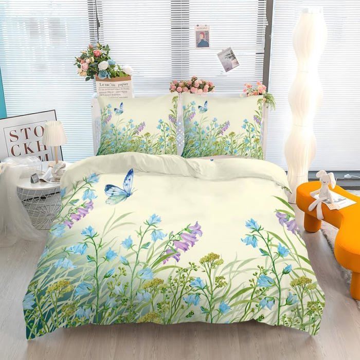 Housse De Couette 220x240cm Motif Ginkgo + 2 Taies 65x65cm - Microfibre Douce, Fermeture éclair, Attaches Coins, Literie Adulte 2 Personnes