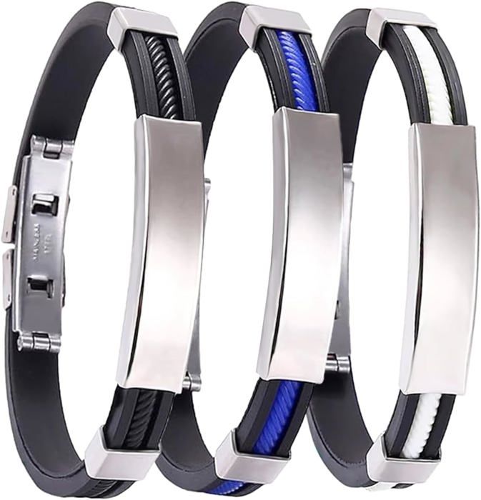 Lot De 3 Bracelets Titane Silicone - Ajustables Pour Homme Et Femme - Bleu, Noir, Blanc