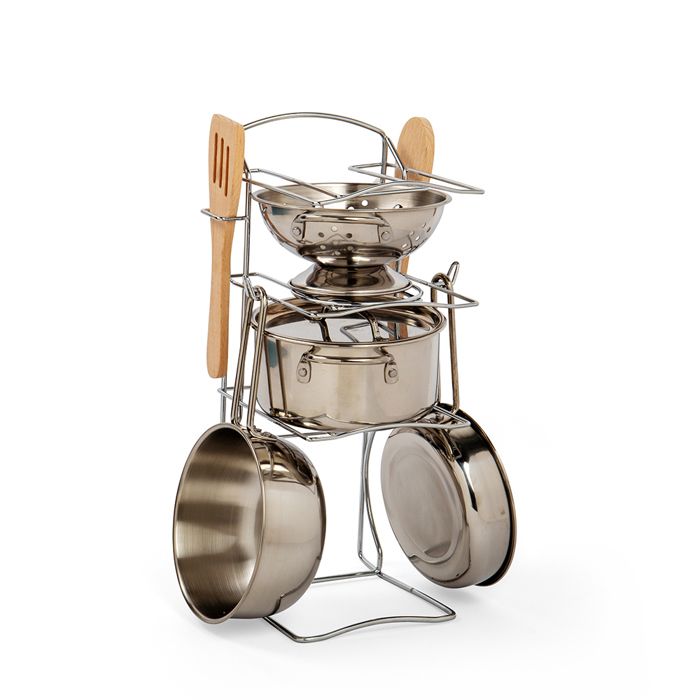 Bigjigs Toys Support à casseroles comprend 4 casseroles et poêles et 2 ustensiles de cuisine pour les enfants à partir de 2 ans