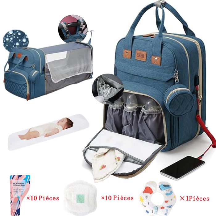 Sac à Dos à Langer lit béb et Matelas à Langer pour Bébé avec 1 Bavoirs Bébé 10 Coussinets dallaitement 10 Pochettes lait poudre