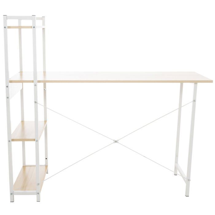 Bureau table de travail style retro avec colonne de rangement etagere en bois erable et metal blanc 10_0003616