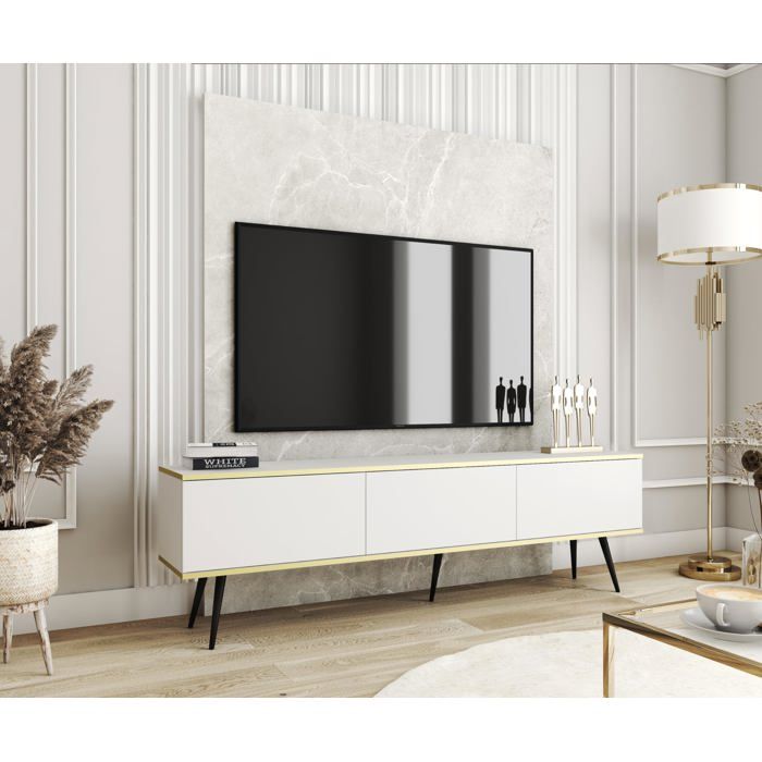 Meuble TV Blanc pieds Noir 175 x 30 x 52 cm Push to Open