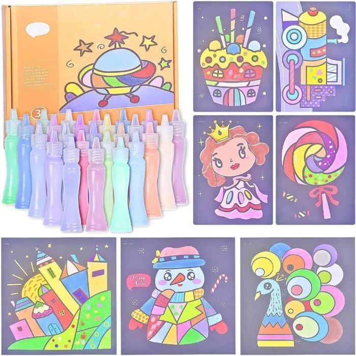 Kit Cartes Peinture Au Sable - 24 Dessins Animés + 12 Sables Colorés - Activité Enfants DIY - Dès 3 Ans