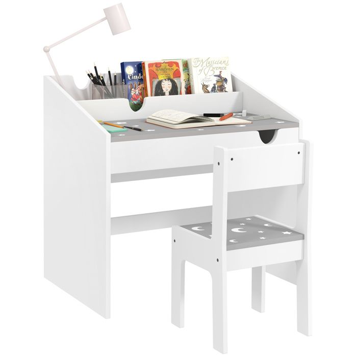 Ensemble Bureau et chaise pour enfants - AIYAPLAY - rangement - tiroir coulissant - 3-6 ans - motif étoilé - Gris