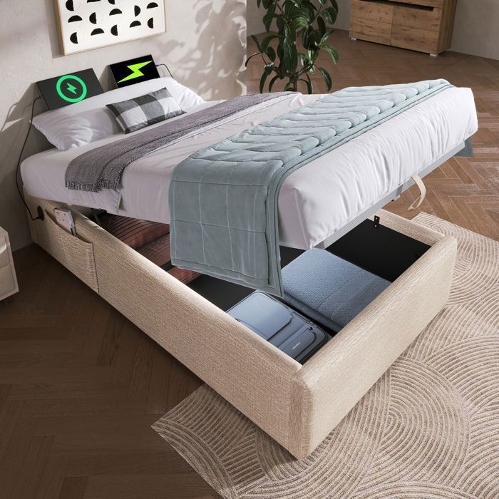 Lit simple 90 x 190 cm Lit coffre avec prise USB + Type C sans tête de lit - beige