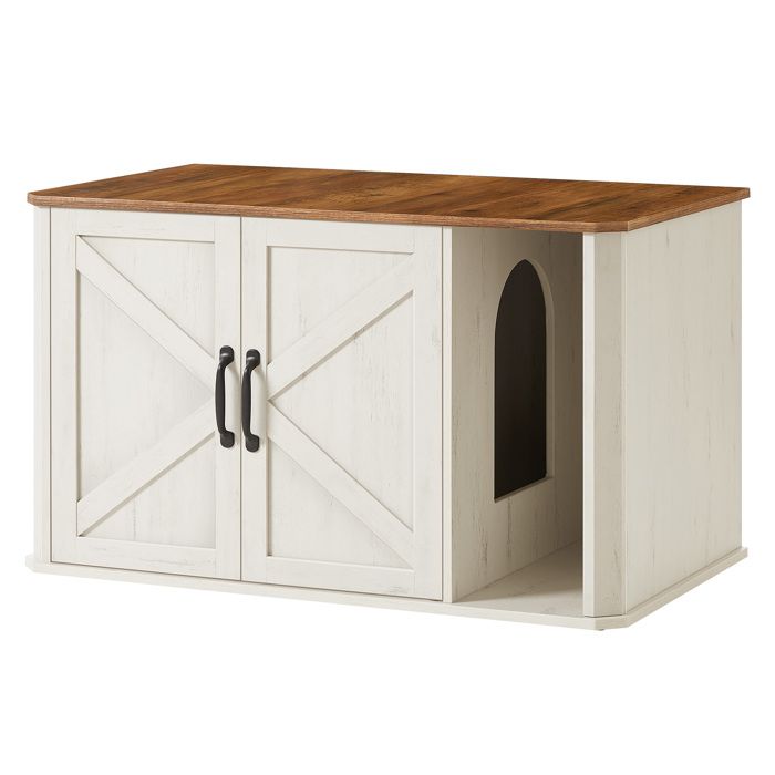 Comparer les prix de Meuble Litière pour Chat, Entrée par Devant, Double Porte, Poignées, 85 x 48,5 x 50 cm, Marron Miel et Blanc Rustique