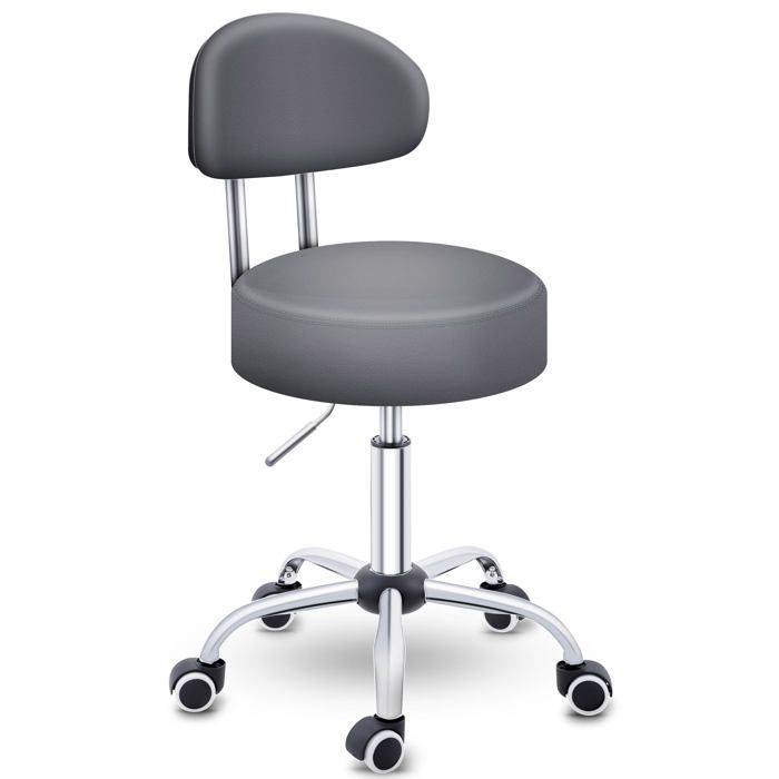 TRESKO® Tabouret de travail Gris à Roulettes avec Dossier – Réglable 46-58 cm Pivotant 360° Similicuir Bureau & Cosmétique