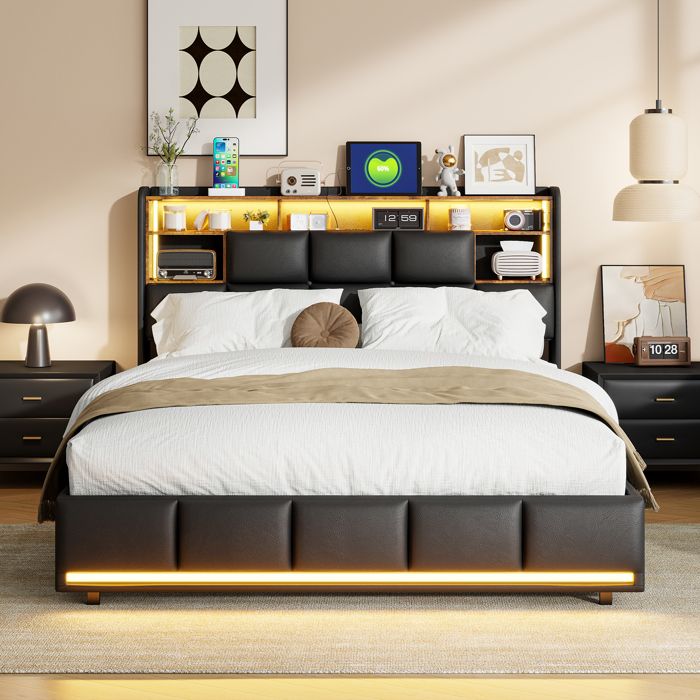 Lit Capitonné 160x200 cm avce LED, Lit Coffre avce Rangement, Lit ...