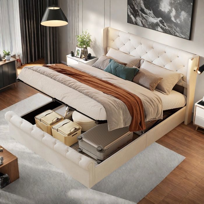 Lit coffre 160x200 CM - TANANT - Beige - Tissu Velours - Lampe de Lecture - Rangement Intégré