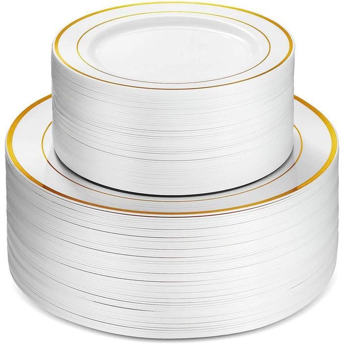 Lot de 50 assiettes plates en plastique avec bordure argentée et dorée 25 assiettes plates de 15 cm et 25 assiettes à salade de 23