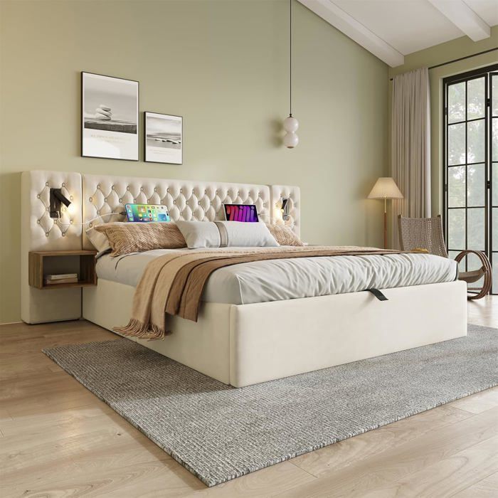 Lit double 160x200 cm - Vintage Chic - Velours beige - Coffre hydraulique - Chevets intégrés - LED et USB