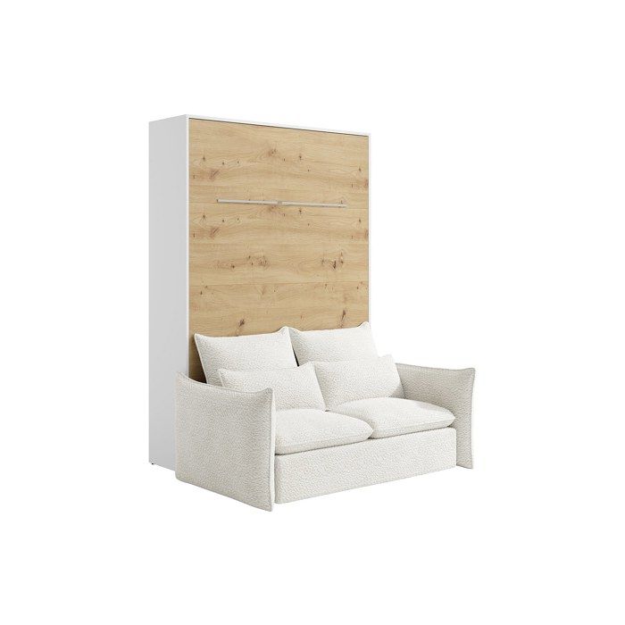 Lit escamotable 140 x 200 cm - Ouverture verticale manuelle - Avec LEDs - Blanc et naturel + Canapé en tissu bouclette beige -
