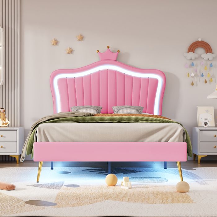 Lit denfant 90 x 200 cm cadre de lit pour filles Rosas Couronne Lit double en cuir PU avec lampes LED sommier à lattes et dossie