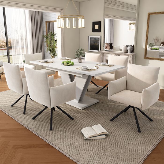 Table à manger extensible - TRUXEN8 - 120/160x80 cm - Blanc - 6 chaises velours - Pieds en V
