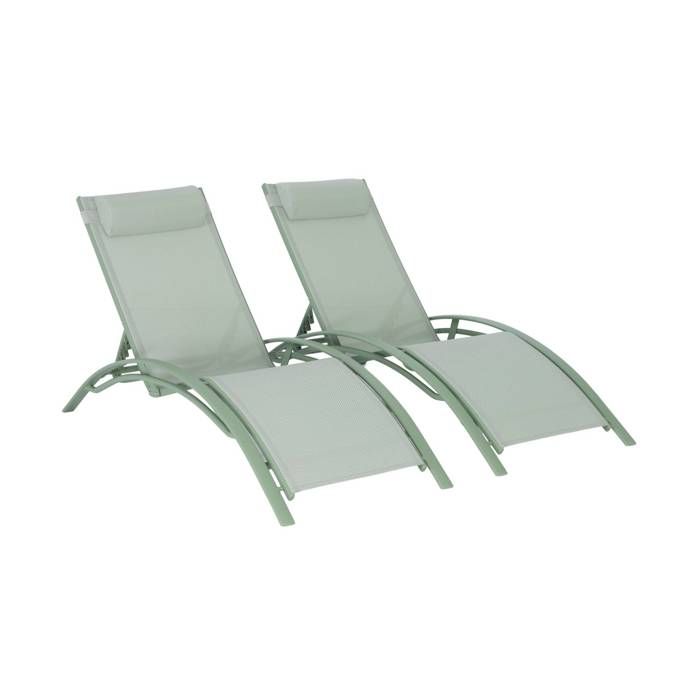 Duo de bains de soleil aluminium vert de gris - Transats aluminium et textilène