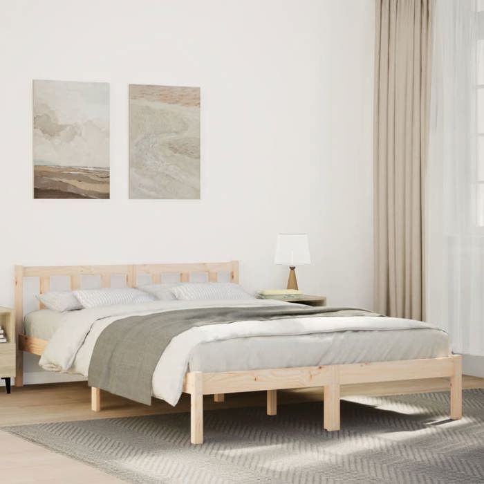 Structure de lit extra long - UU - Bois massif pin - 160x220 cm - Brun - Lattes incluses - Tête de lit - Pieds robustes