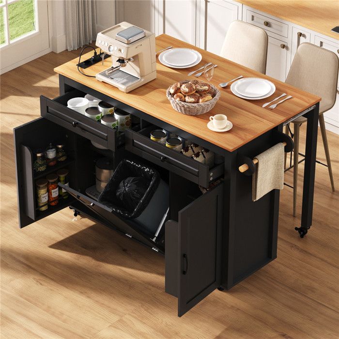 Ilot Central Cuisine 120 cm avec Plan de Travail et Multiprise USB Compartiment Poubelle Ilot Cuisine Pliante avec Étagères Noir