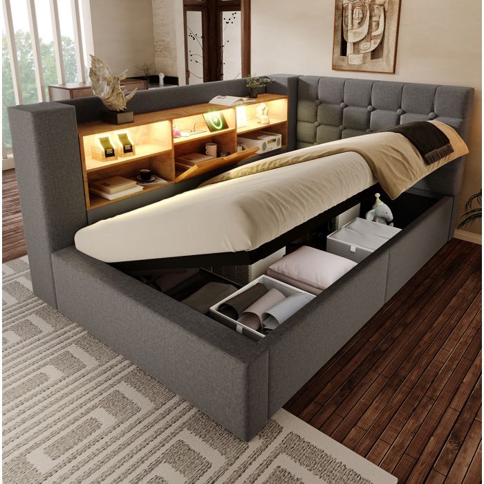 MEUBLIV Lit coffre capitonné 90x200cm avec tête de lit de rangement en L et éclairage LED lin gris sans fond matelas inclus