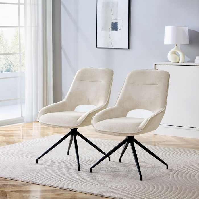 Chaise de salle à manger pivotante - Ensemble de 2 - Pivotant à 360° - Tissu structuré blanc - Métal noir laqué