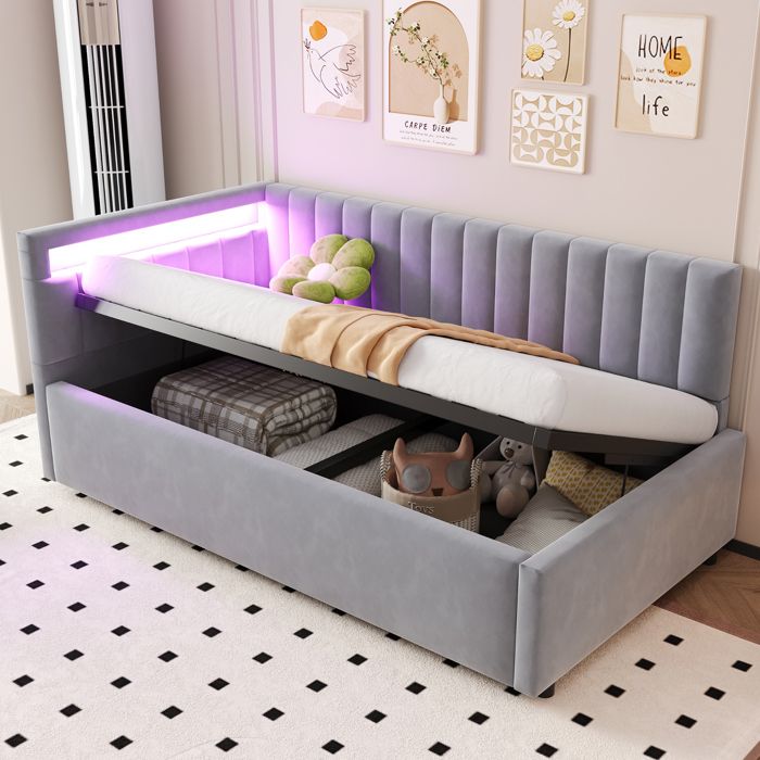 Lit capitonné 90x200 avec coffre hydraulique LED intégrée sommier à lattes velours gris - sans matelas