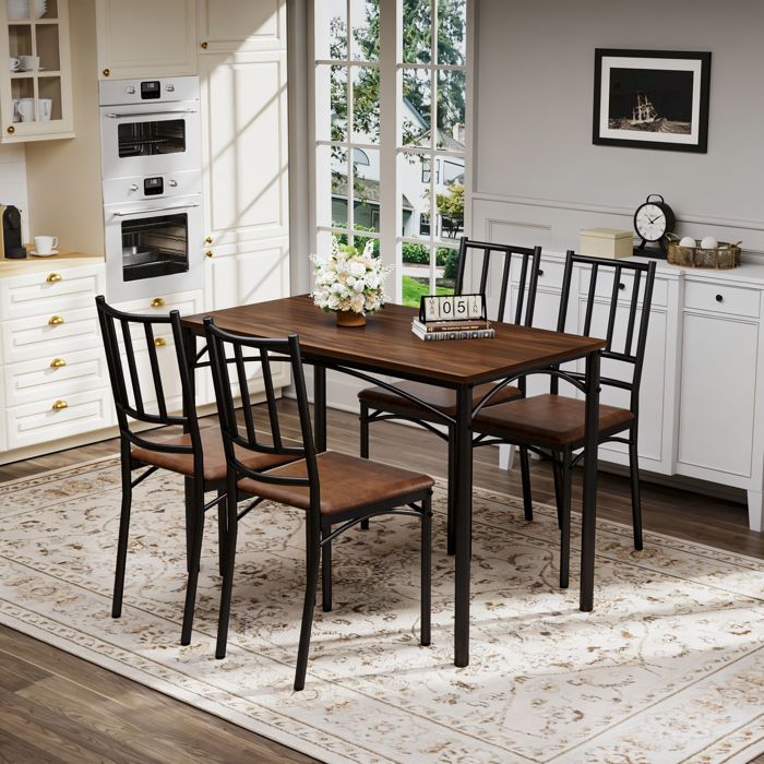 Ensemble table à manger 110x60x76.5 cm avec 4 chaises en panneaux de particules et acier marron