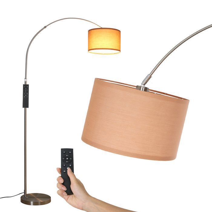 ANTENLICHT Lampadaire incurvé avec télécommande intensité réglable ampoule incluse socle argenté + abat-jour marron