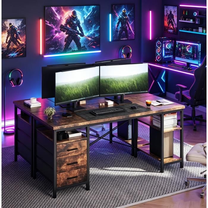 Bureau avec rangement Bureau Gaming de 120 cm bureau gamer avec 3 tiroirs 3 Étagères Rangement Marron