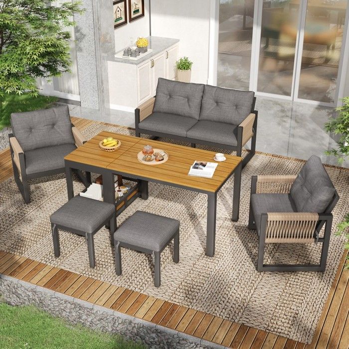 Canapé extérieur moderne gris naturel structure fer accoudoirs tressés coussins + table multifonctionnelle 150x79.5x75cm