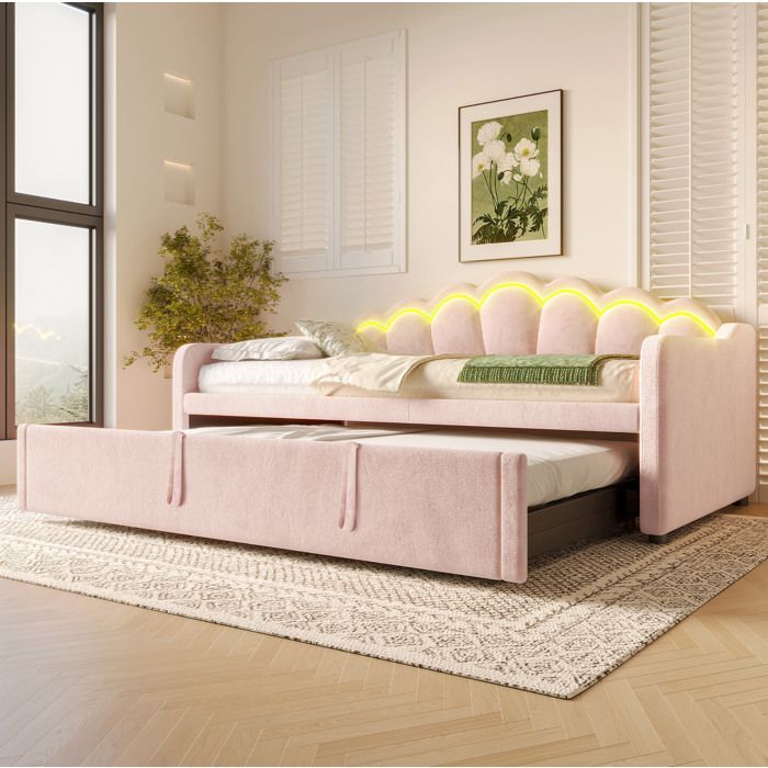 Lit gigogne extensible 90 x 200/180 x 200 cm EVRYAE avec LED intégrée velours rose sans matelas