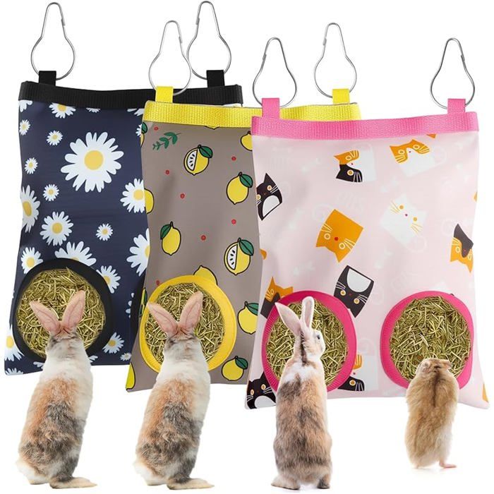 3 Pcs Sac à Foin de Lapin Sac de Foin Suspendus Animaux Supports de Stockage avec 2 Trous Sac de Foin Mangeoire à Foin pour Lapin