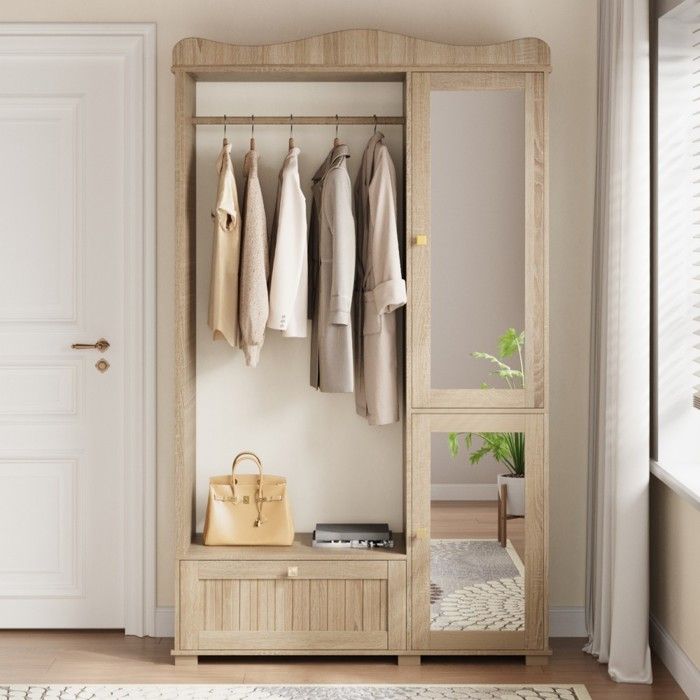 Armoire avec miroir et penderie ouverte compacte avec tiroir et 2 portes pour chambre et entrée 115.5x38.5x194.5cm finition chêne Armoire avec miroir et penderie ouverte compacte avec tiroir et 2 portes pour chambre et entrée 115.5x38.5x194.5cm finition chêne