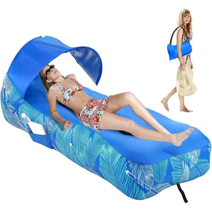 Matelas gonflable avec pare-soleil Idéal pour le camping la plage et les parcs Bleu 190 x 75 x 55 cm