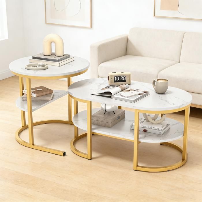 Lot de 2 tables basses Aspect marbre Avec cadre en métal et étagère Table de salon moderne pour salon chambre à coucher Doré