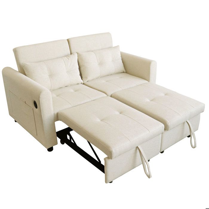 VLIVRA Canapé convertible 2 places - avec dossier réglable USB et poches - en coton et lin beige - 142 × 85 × 83 cm