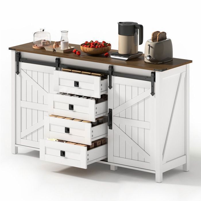 Buffet de cuisine avec portes coulissantes et 4 tiroirs meuble de rangement style vintage pour cuisine MDF blanc