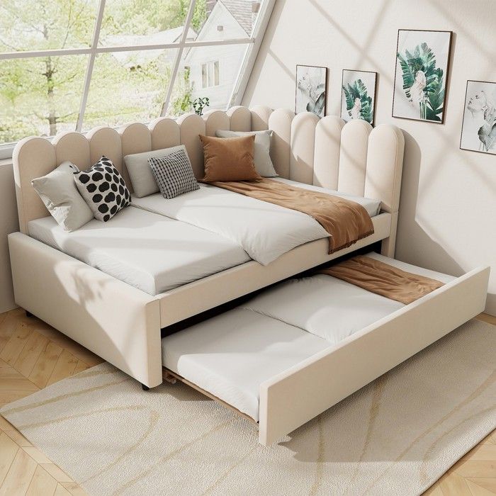 Canapé-lit (lit capitonné en L) - N623P271746A - Couchage 140x200 - Velours beige - L avec lit escamotable
