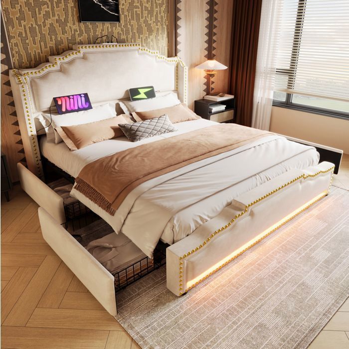 Lit adulte 160 x 200 cm avec 4 tiroirs LED USB-C et sommier à lattes en velours beige matelas inclus