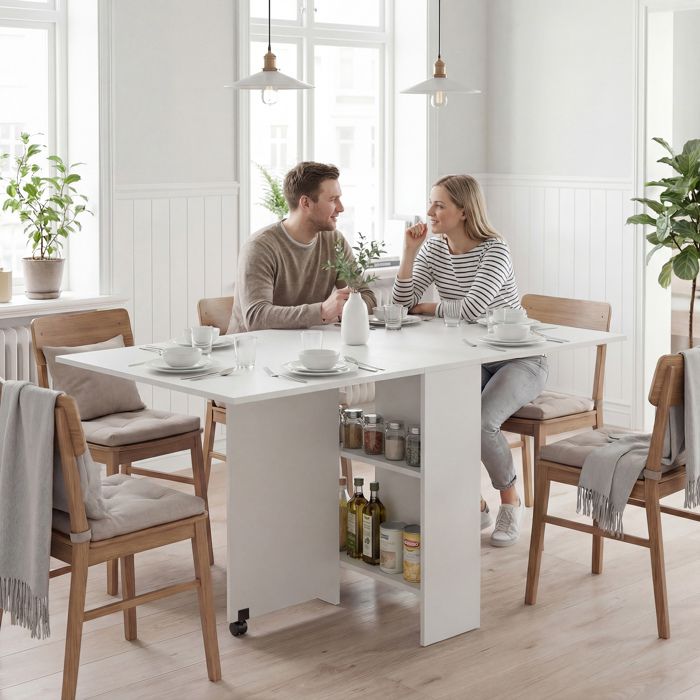 TABLE REPAS - MINIMAL - 75x140x74 cm - Extensible - Plateau relevable - Roulettes & rangements intégrés TABLE REPAS - MINIMAL - 75x140x74 cm - Extensible - Plateau relevable - Roulettes & rangements intégrés