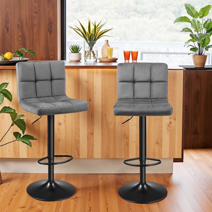 Tabourets de Bar Ensemble de 2 avec Surface en Velours et Hauteur Réglable Dossier et Repose-Pieds Gris Tabourets de Bar Ensemble de 2 avec Surface en Velours et Hauteur Réglable Dossier et Repose-Pieds Gris