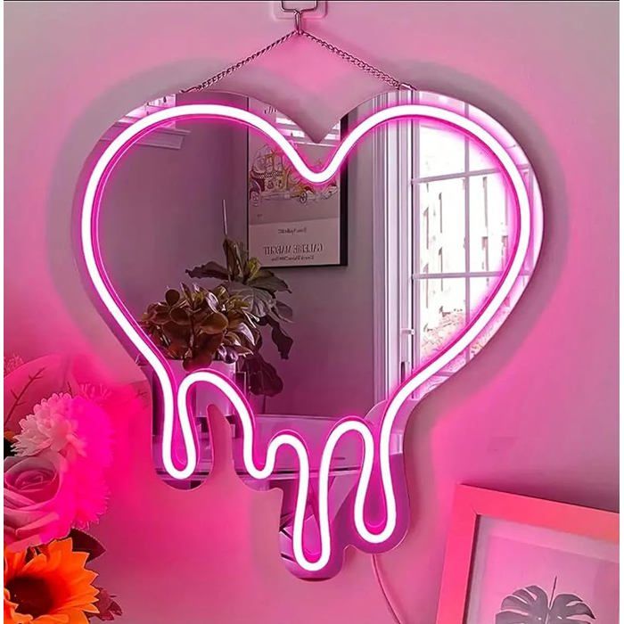 Lampe néon en forme de cœur Miroir LED décoratif en néon rose fondu pour mur de chambre à coucher fille studio boutique(38x39cm)