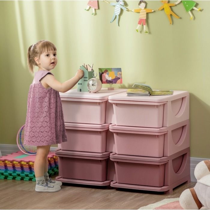 Commode de rangement enfant rose en plastique avec 6 tiroirs amovibles 75 x 37 x 565 cm
